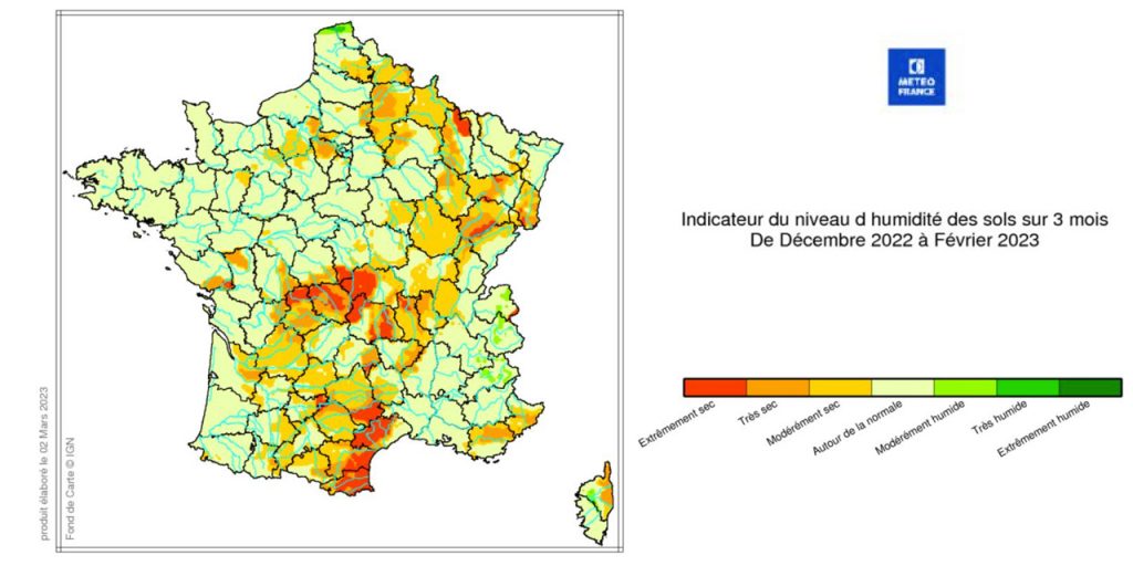 Niveau d'humidité des sols en France de décembre 2022 à février 2023