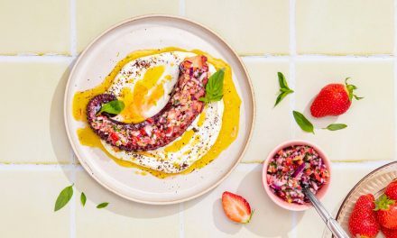 Poulpe grillé, vierge fraise, oignon rouge, labneh & sumac