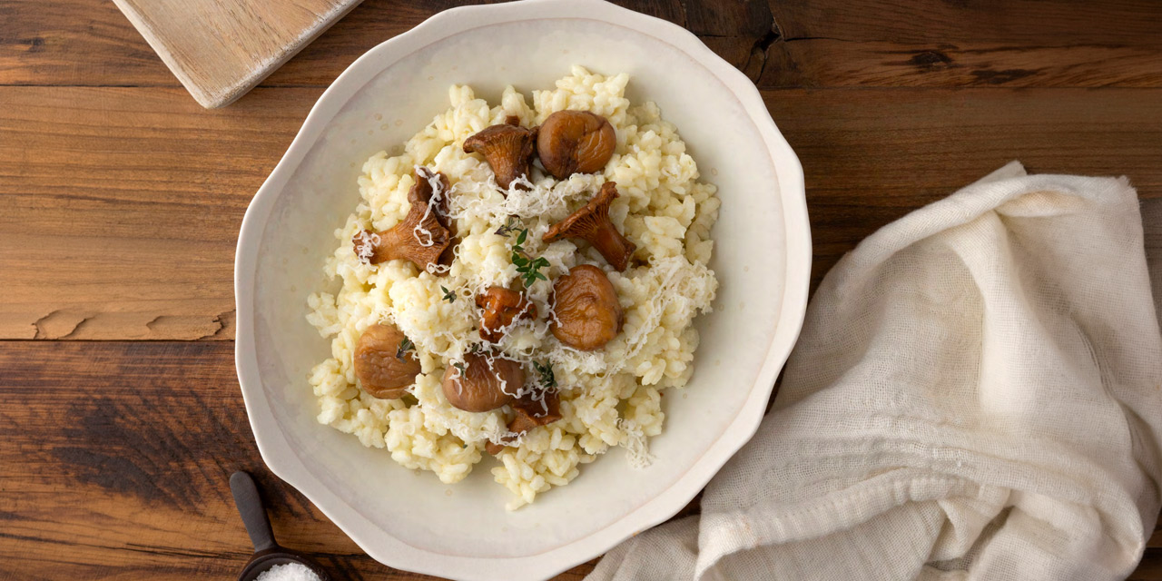 Risotto crémeux au lait de brebis, champignons et châtaignes